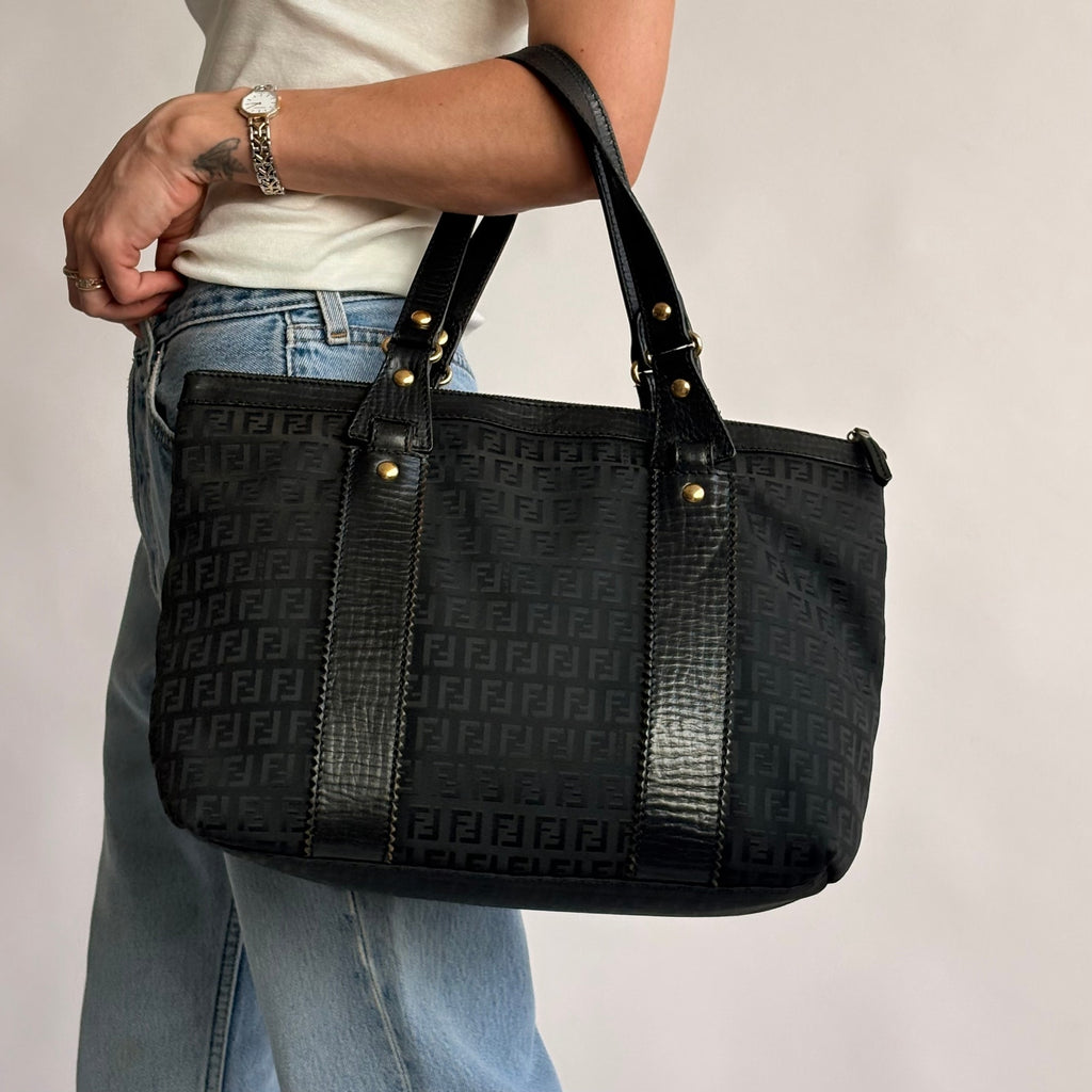 Vintage Fendi Zucchino Black Canvas & Leather Tote - Early 2000s