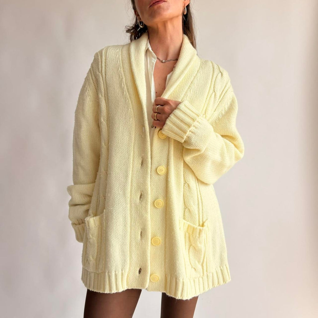 Vintage Sears 70s Cream Cable Knit Cardigan - Fits Large