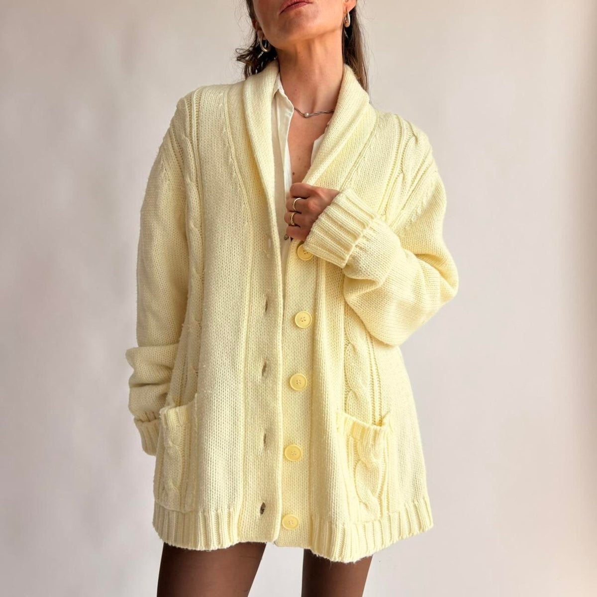 Vintage Sears 70s Cream Cable Knit Cardigan - Fits Large