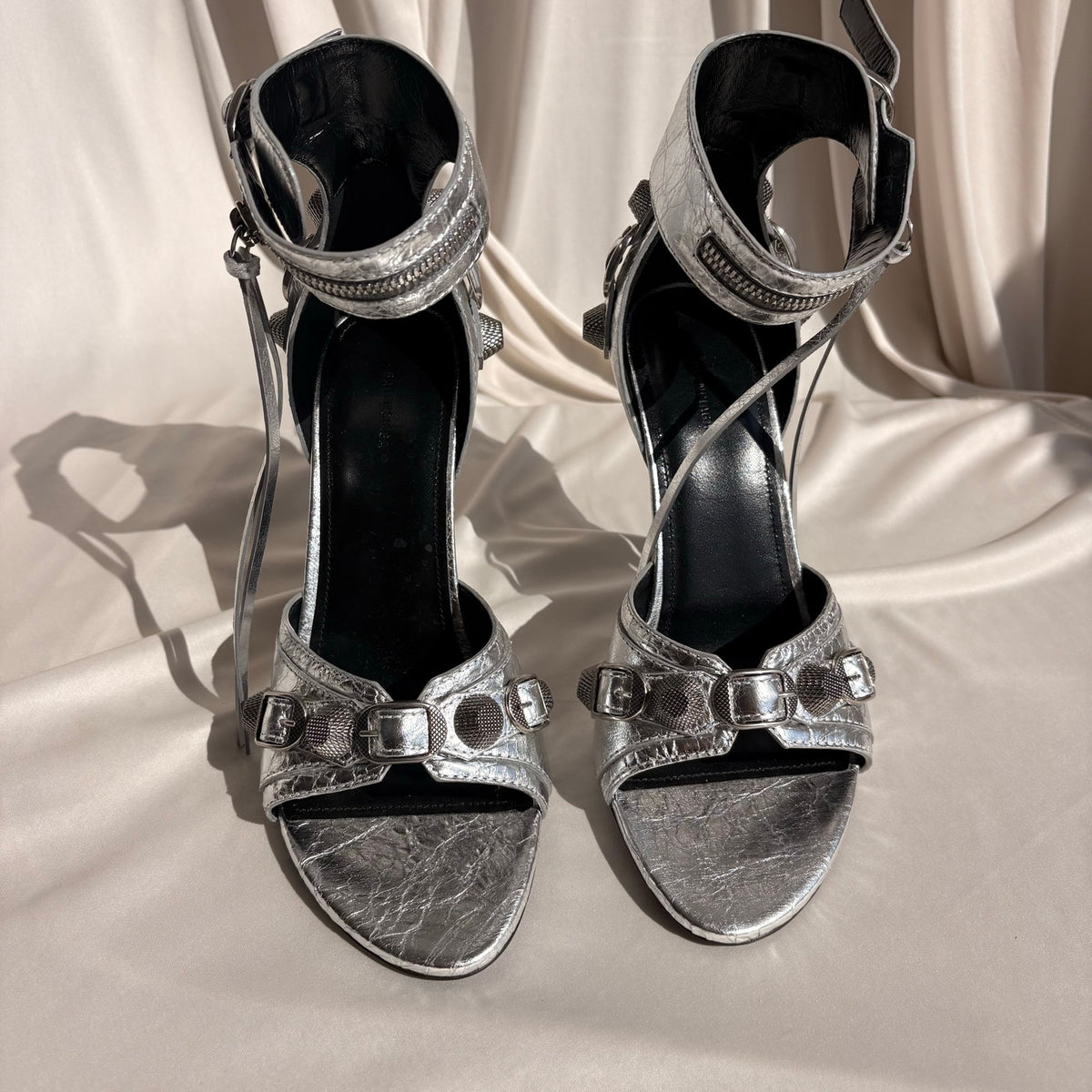 Balenciaga Silver Metallic Leather Cagole Studded Heels