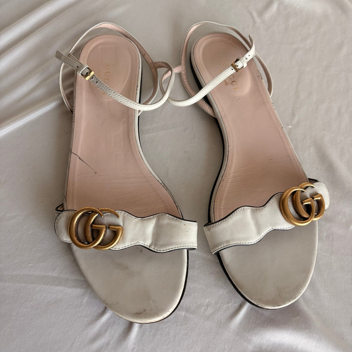 Gucci Double G Lifford White Calfskin  Flat Ankle Wrap Sandals - 39
