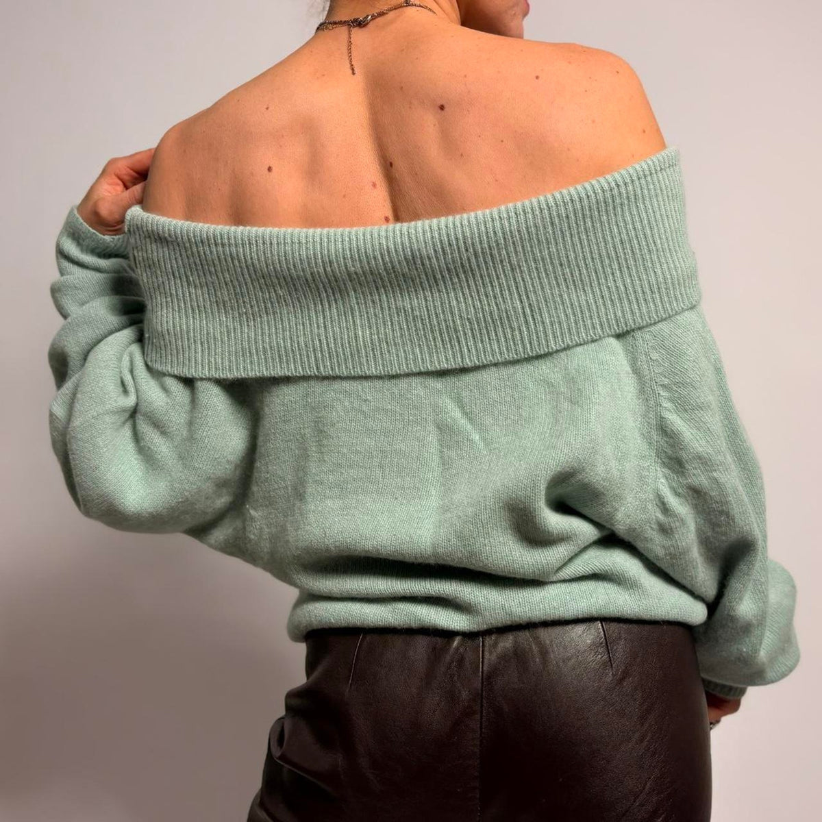 Vintage Kasper for J.L. Sport Off-Shoulder Sweater - Mint Green, Size Medium