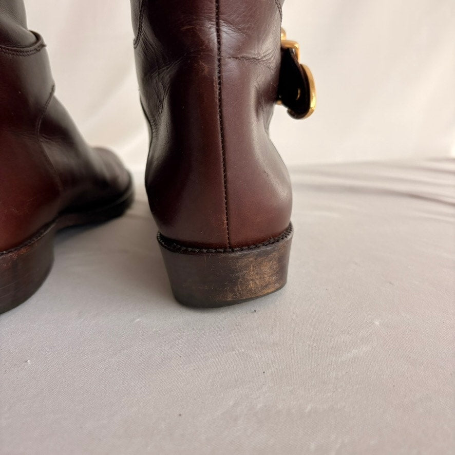 Vintage 1978 Idea Studios Brown Leather Riding Boots - Gold Buckle, 7.5