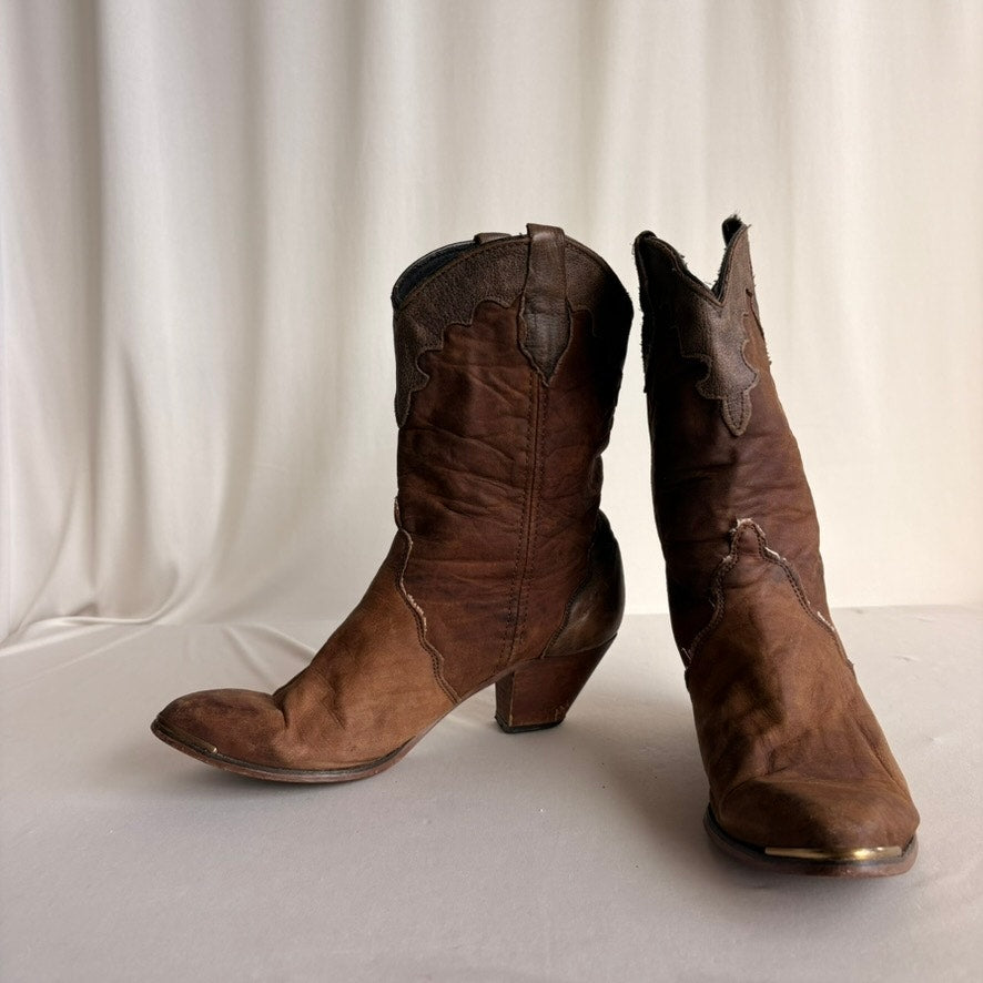 Brown Suede & Leather Cowboy Boots - Size 7