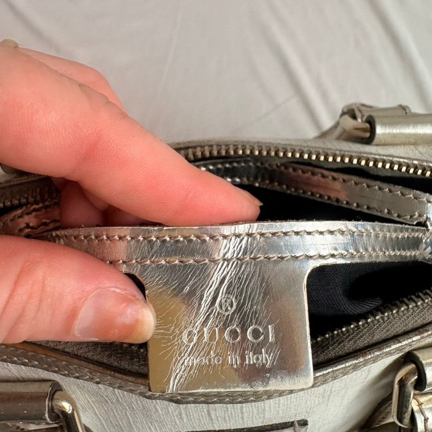 Gucci Small Joy Boston Bag - GG Supreme Canvas, White/Gold, Metallic Silver Trim