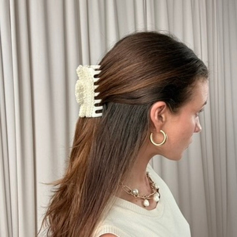 White Lace Embroidered Claw Clip - Vintage Bridal, 4"