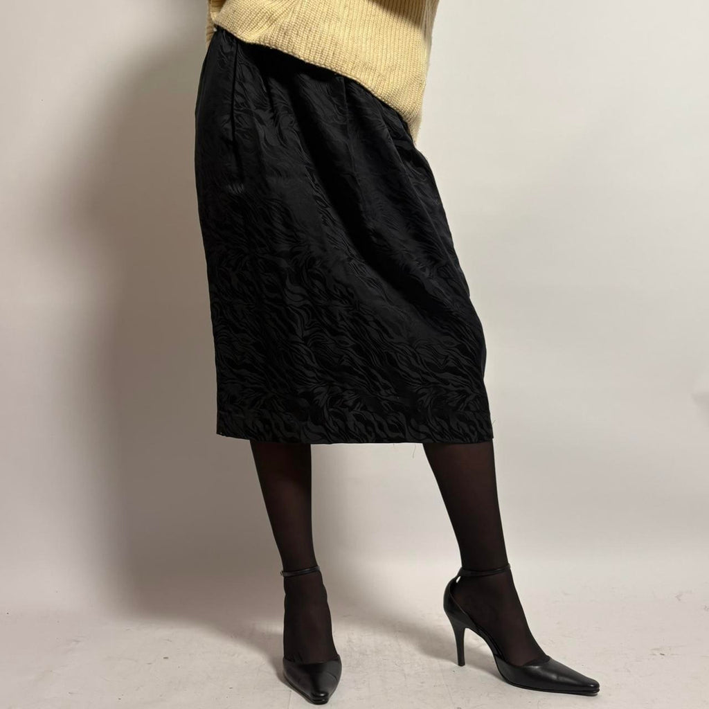 Vintage Silk Black Midi Skirt - small