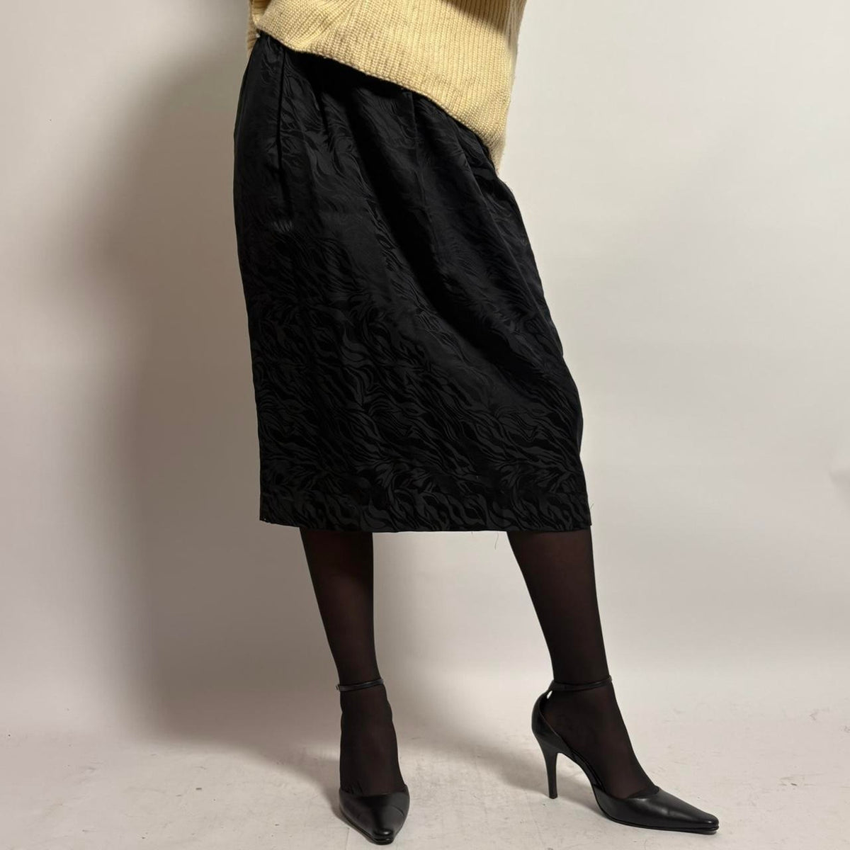 Vintage Silk Black Midi Skirt - small