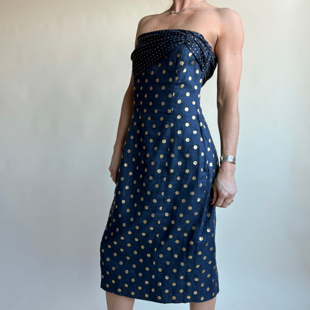Albert Nipon Navy Blue Strapless Wiggle Dress - Gold Polka Dot, Bow Detail, Size 4/6