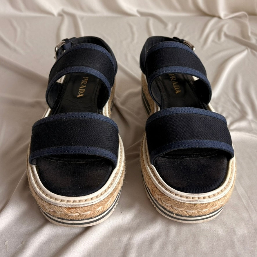 Prada Black & Baltic Blue Canvas Espadrille Platform Sandals - EU 37/US 7