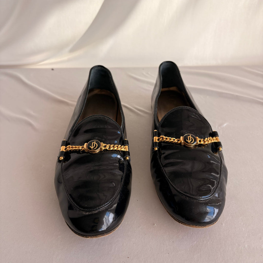 Vintage Joan & David Black Patent Leather Loafers - Gold Chain Hardware