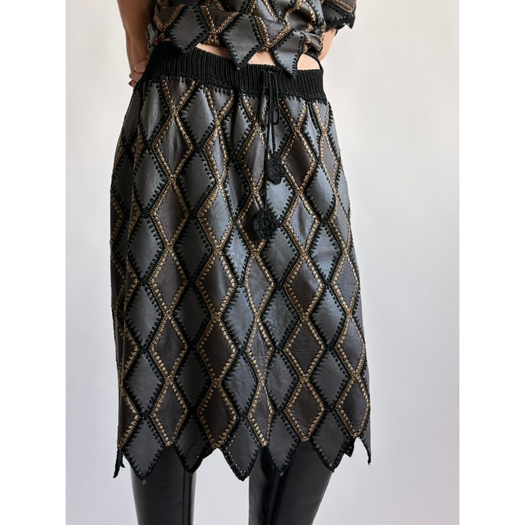 Vintage 1970s Handmade Turkish Diamond Patchwork Leather Skirt