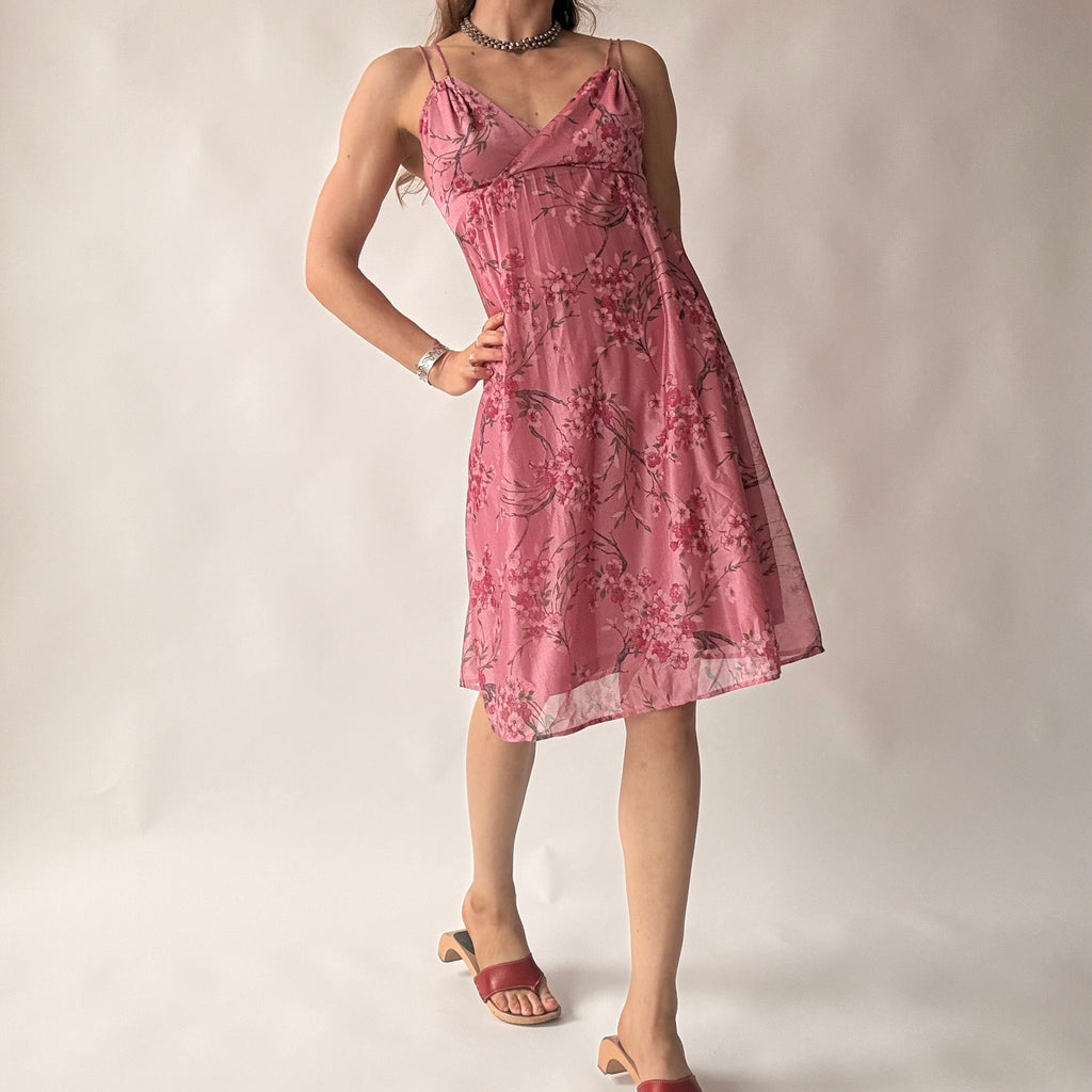 Vintage Y2K Pink Cherry Blossom Print Babydoll Dress