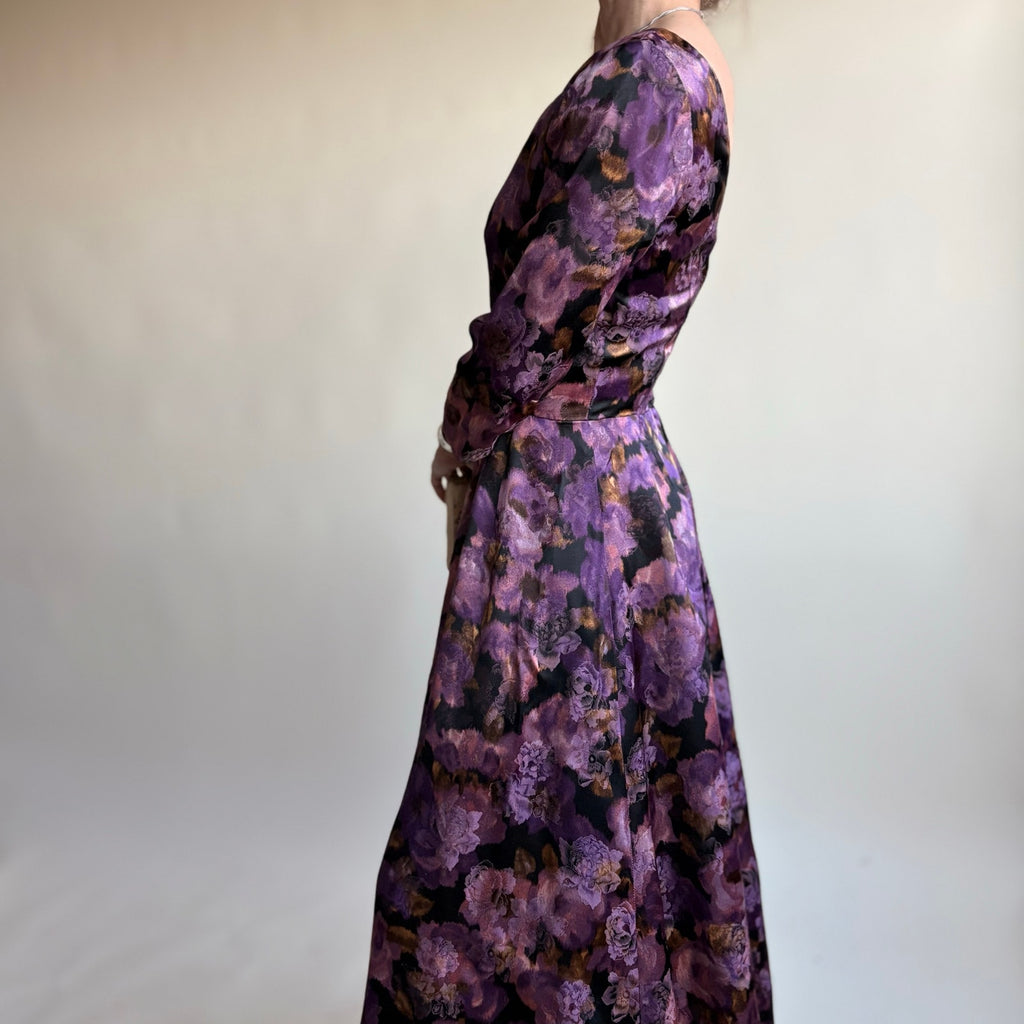 Dark Purple Floral Jacquard Maxi Gown - Boat Neck, Handmade, Fits Size 2