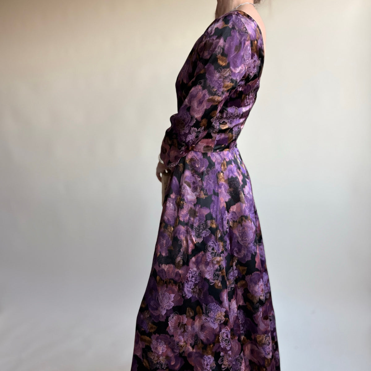 Dark Purple Floral Jacquard Maxi Gown - Boat Neck, Handmade, Fits Size 2