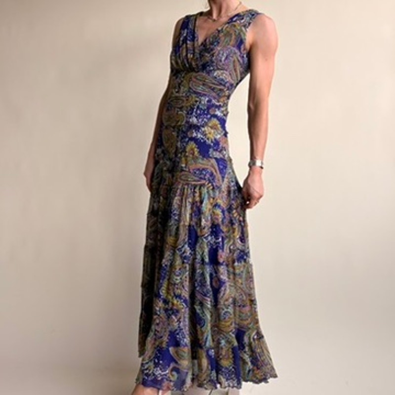 Jones New York Purple Paisley Maxi Dress - Boho, V-Neck, Size 8