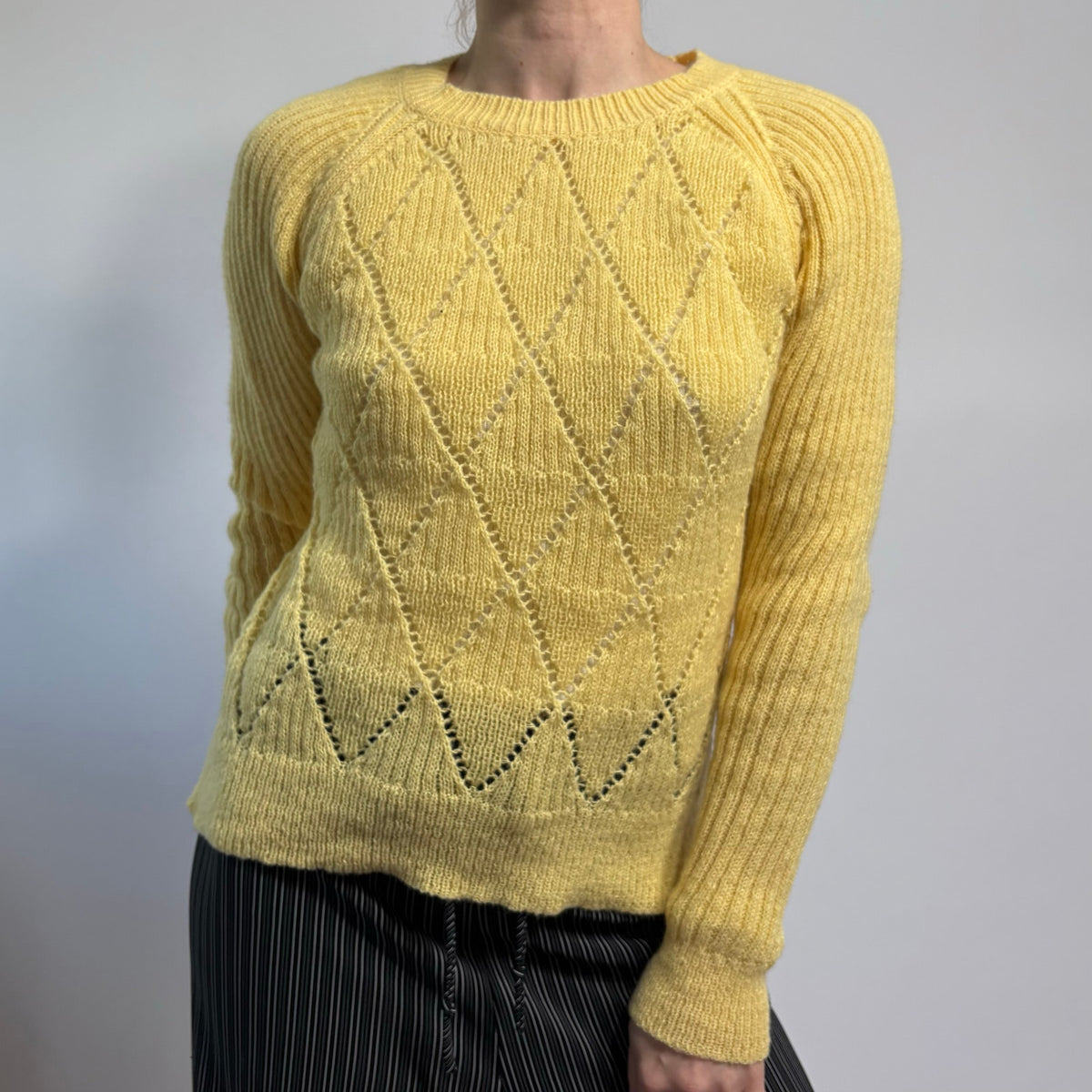 Yellow Pointelle Argyle Crewneck Sweater - Size Medium
