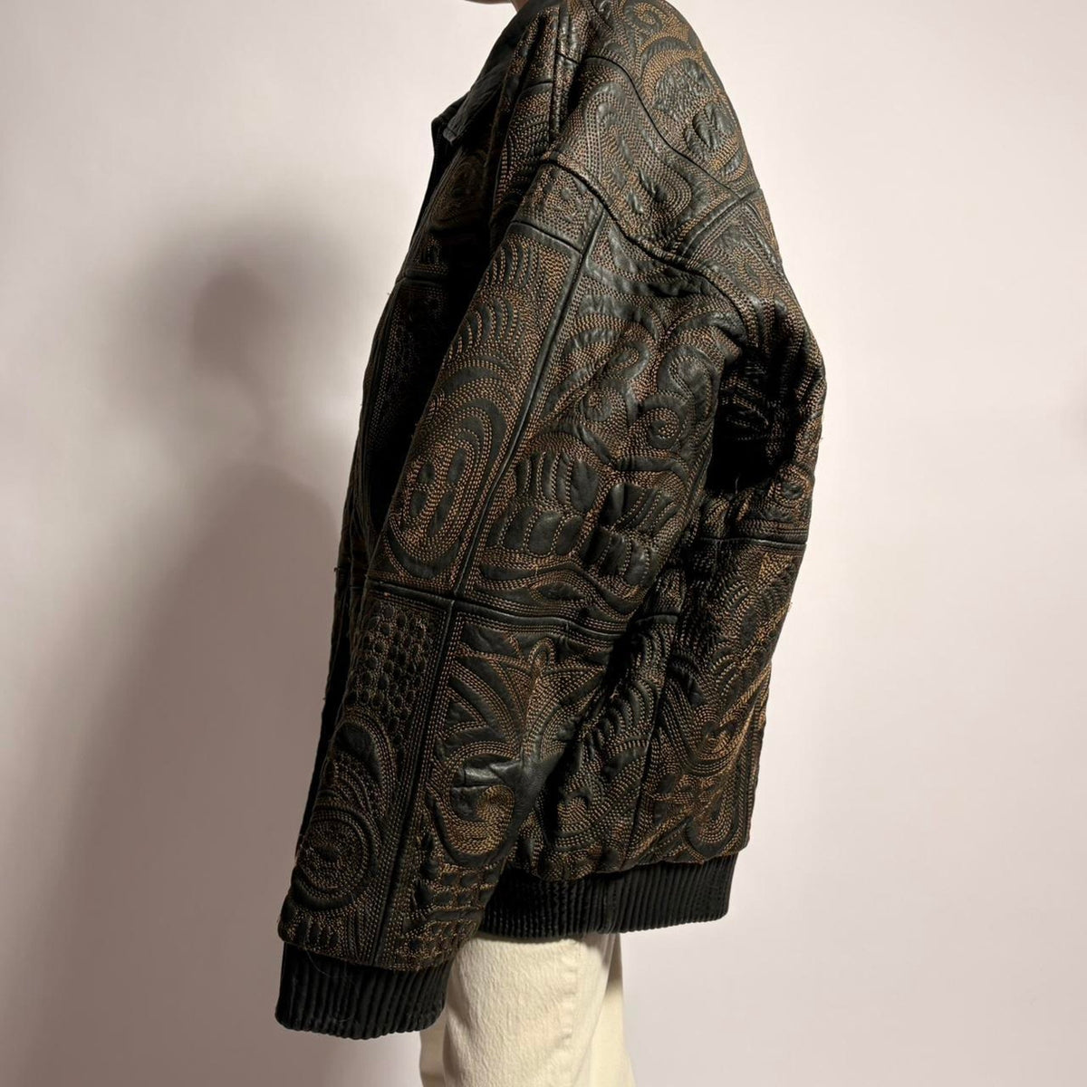 Signature Gold Embroidery Leather Bomber - Fits Men's XL