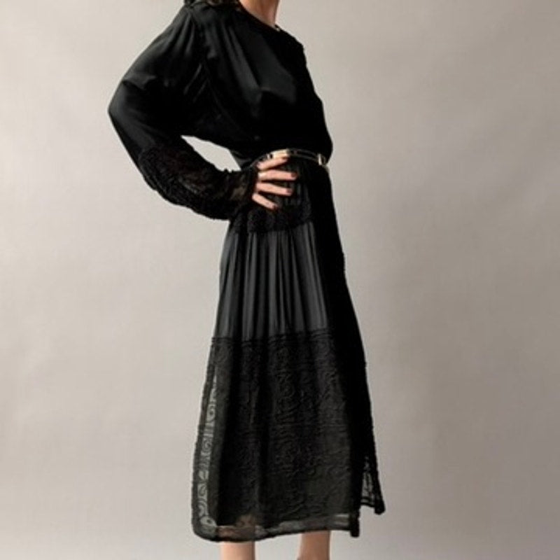 Antique 1920s Black Silk Satin Hand-Beaded Lace Shift Dress