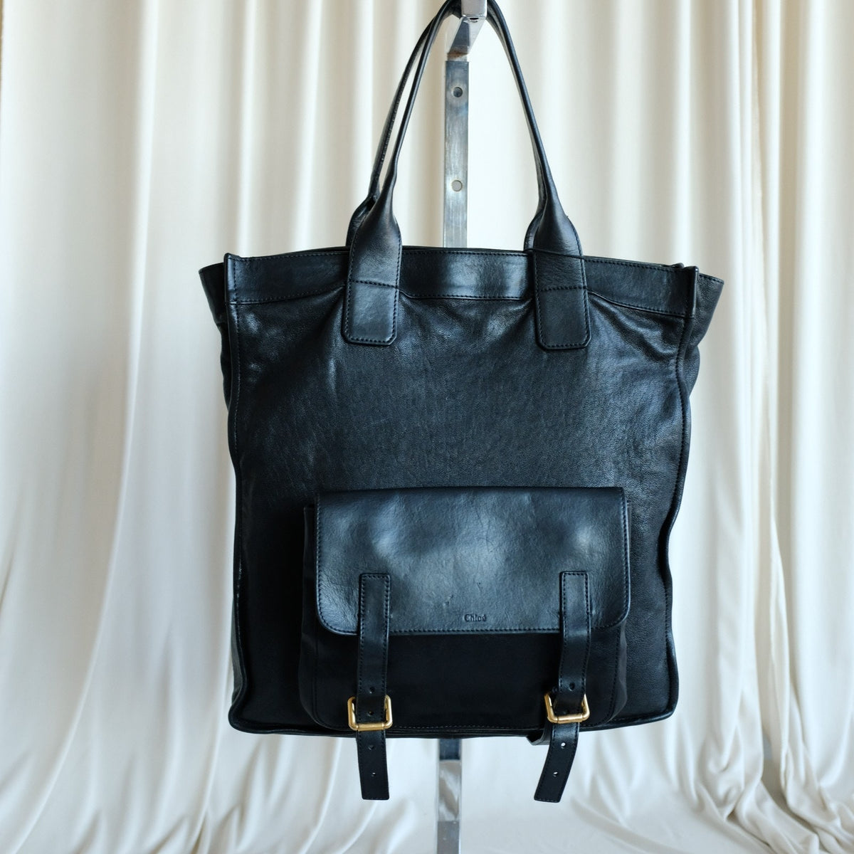 Chloe Black Calfskin Leather Tote, Removable Front Pouch