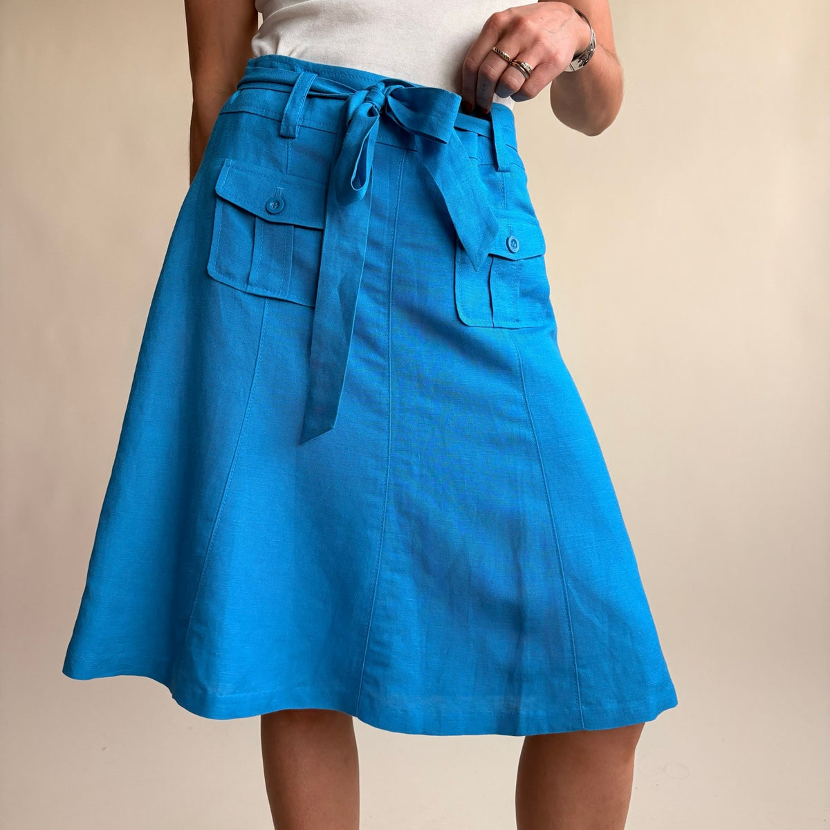 Ann Taylor Turquoise A-Line Skirt - Linen Blend, Utility Pockets, Belt, Size 0