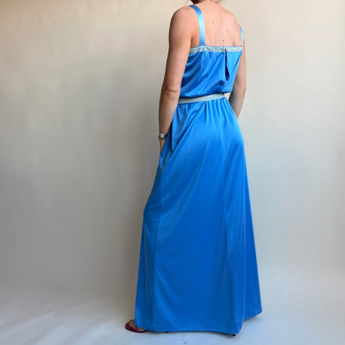 1970s Handmade Blue Maxi Dress - Square Neck, Silver Trim, Elastic Waist, Fits Small