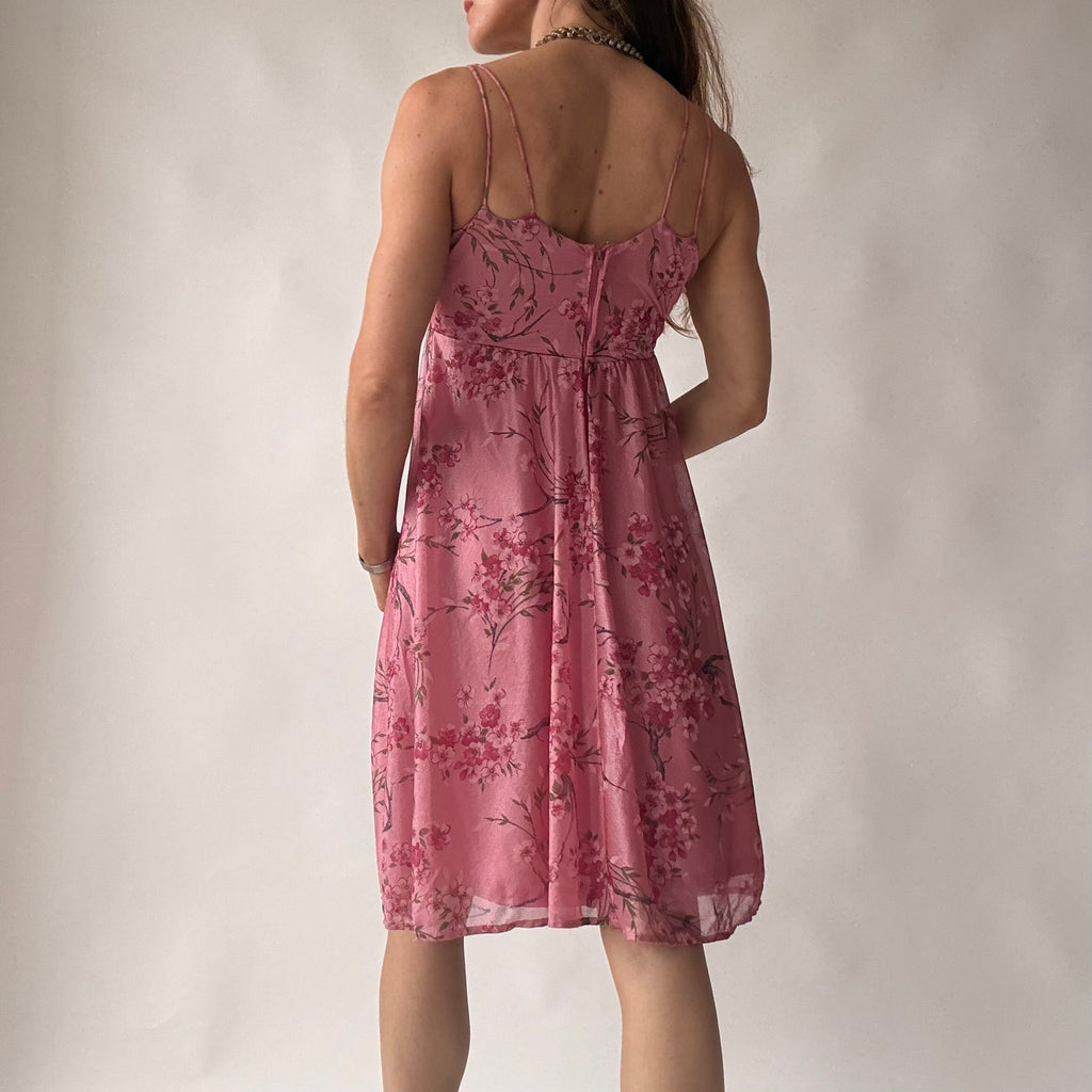 Vintage Y2K Pink Cherry Blossom Print Babydoll Dress