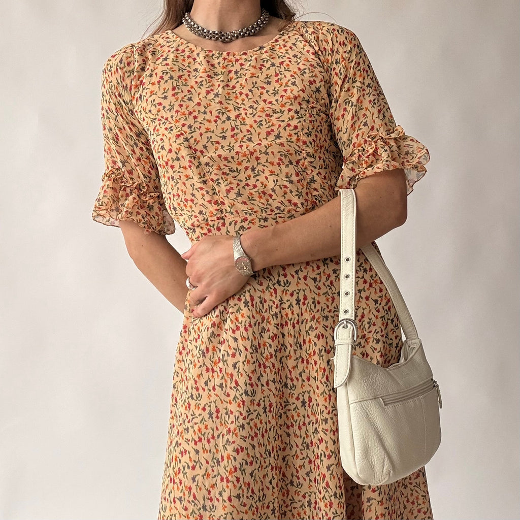Vintage 70s Handmade Ditsy Floral Chiffon Maxi Dress - Small