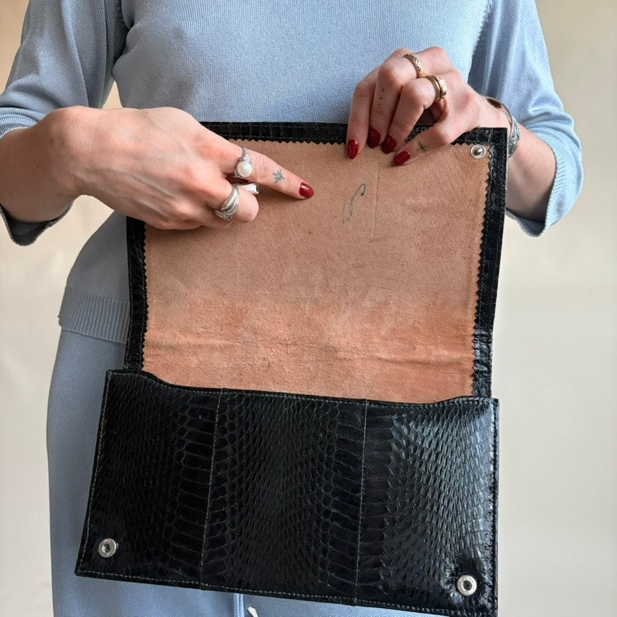 1940s/50s Black Snakeskin Bag - Gold Hardware, Suede Interior, 3 Sections