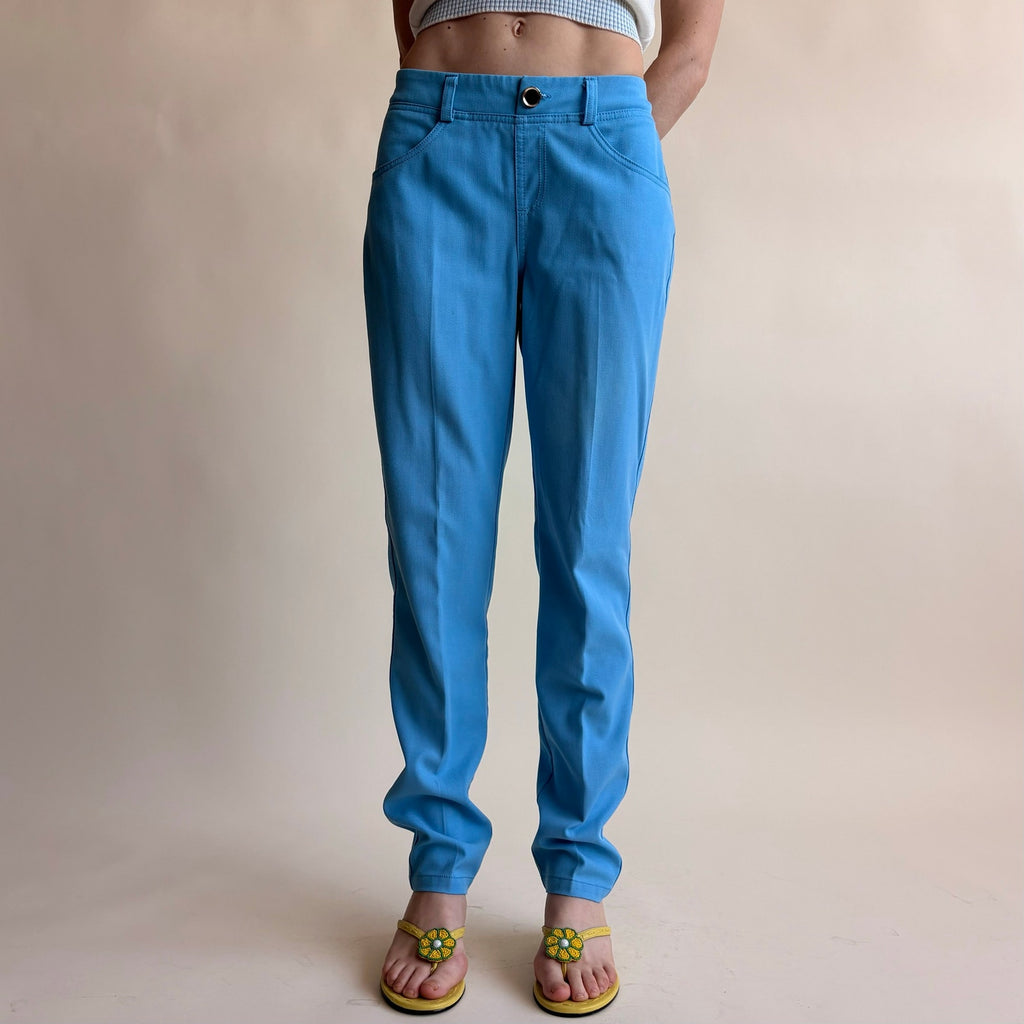 Iman Azure Blue Stretch Trousers - Slim Fit, Size Small
