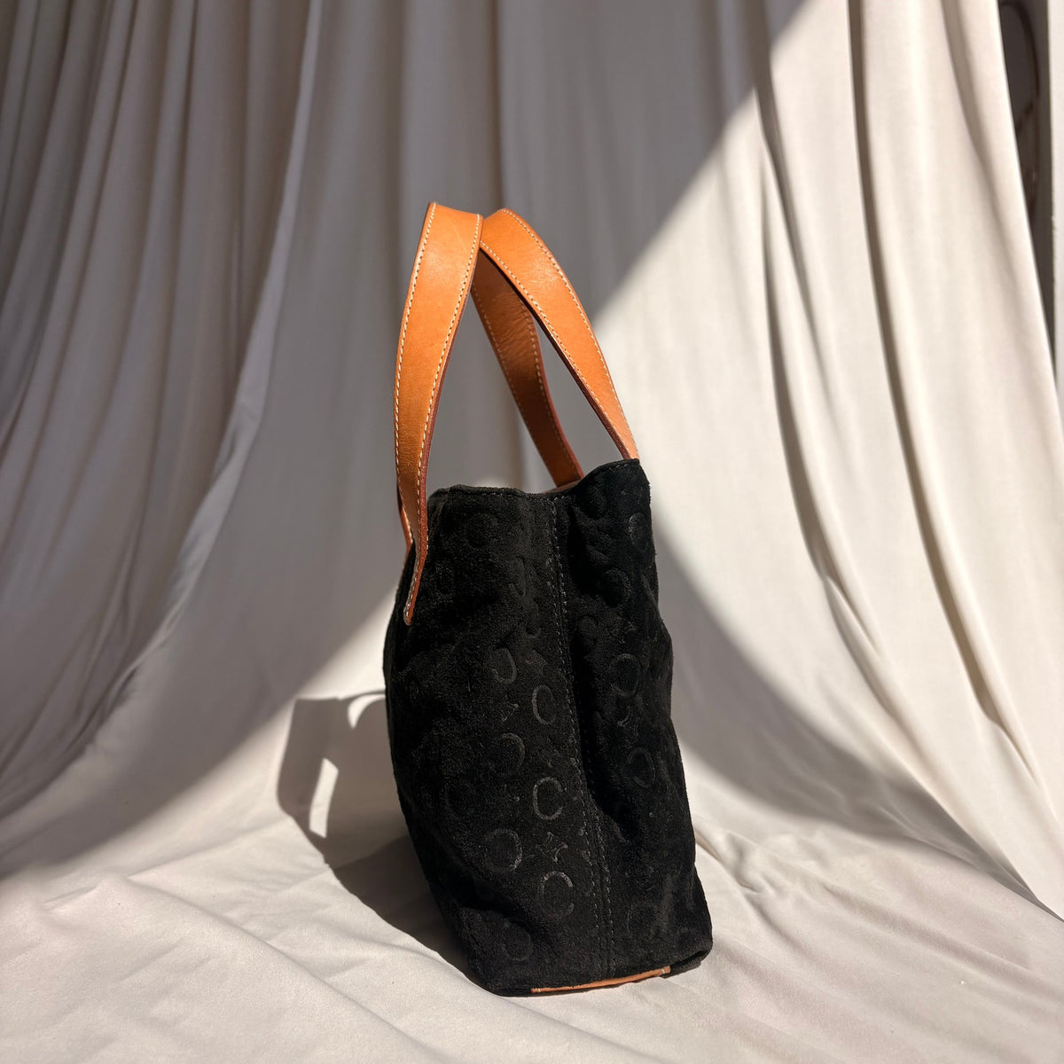 Celine C Macadam Tote Bag - 90's - Black Suede, Tan Leather Handles