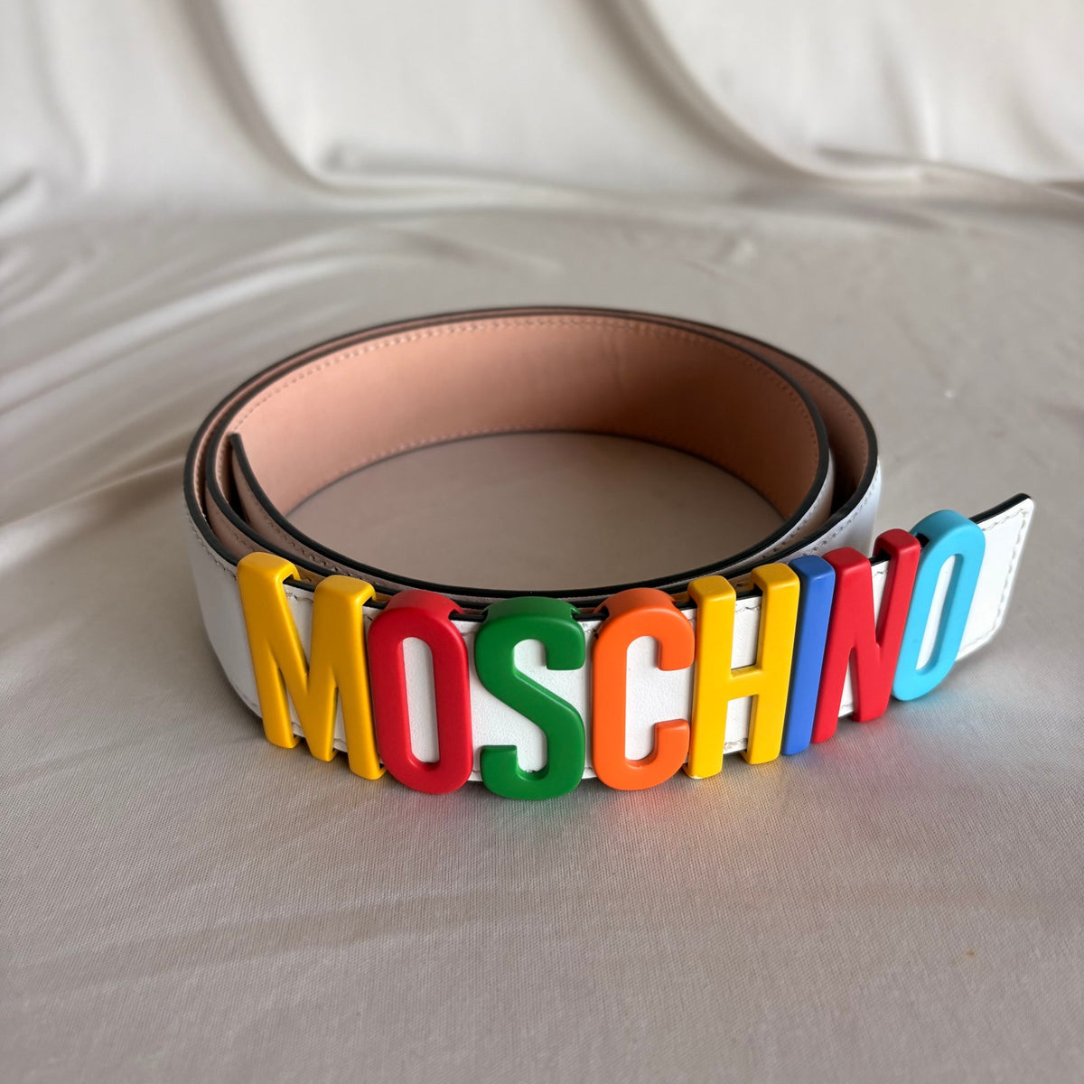 Moschino White Leather Multicolor Logo Buckle Belt Size IT50