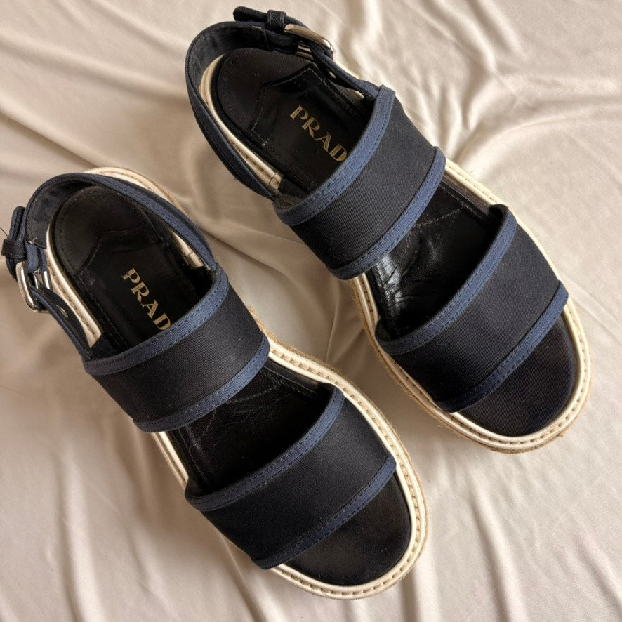 Prada Black & Baltic Blue Canvas Espadrille Platform Sandals - EU 37/US 7