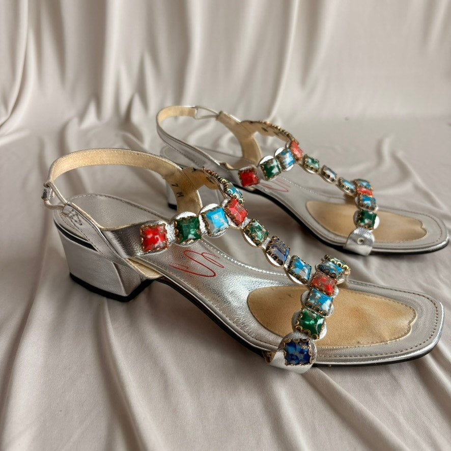 Vintage 70s California Magdesians Silver T-Strap Sandals - Jeweled, Size 7 (Fits 7.5)