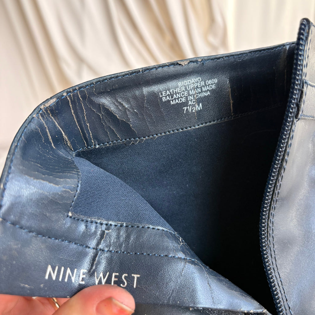 Vintage Navy Blue Leather Ankle Booties - Square Toe, Buckle Detail, 7.5