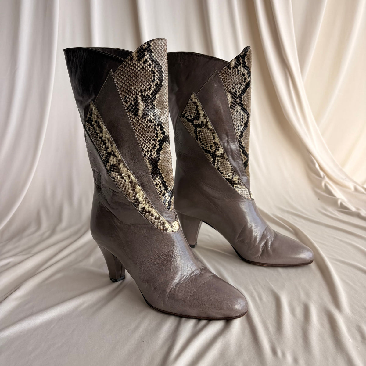 Bruno Magli Color-Block Mid-Calf Boots -  Grey & Snakeskin, EU 36
