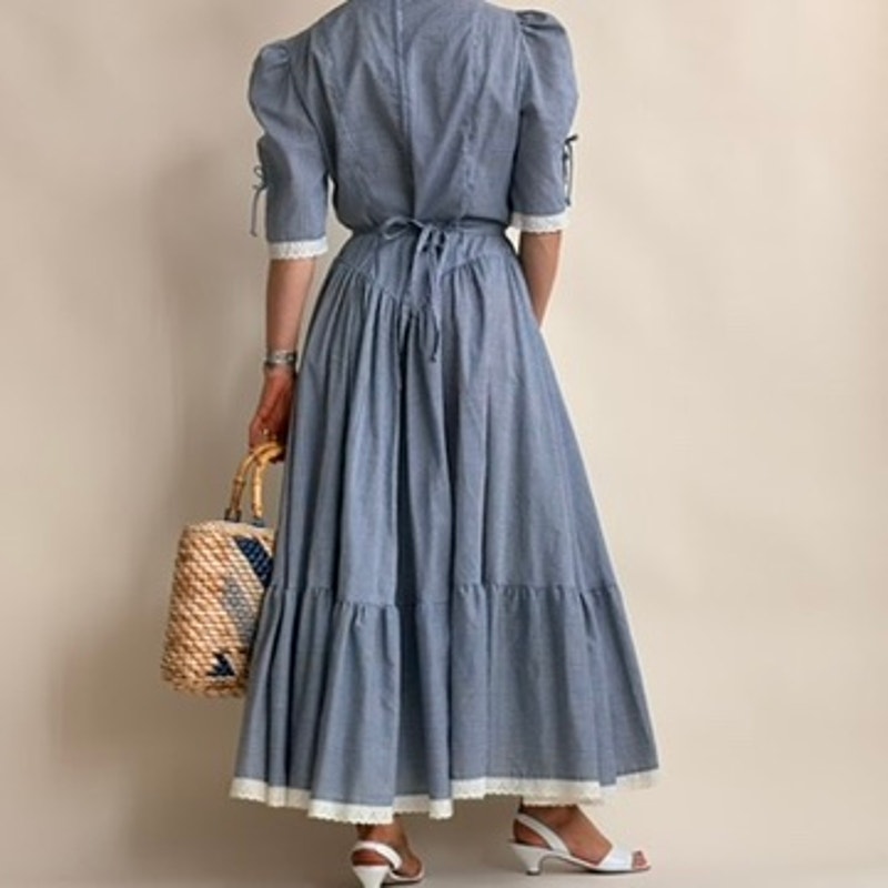 70's Wendy One Gingham Prairie Dress - Blue & White, Basque Waist, Size Small