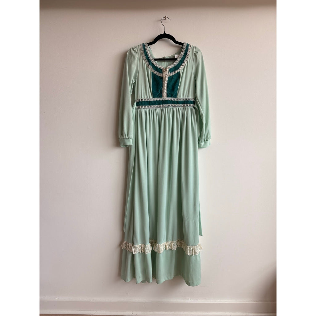 JCPenney Vintage 70s Mint Green Prairie Dress - Lace Trim