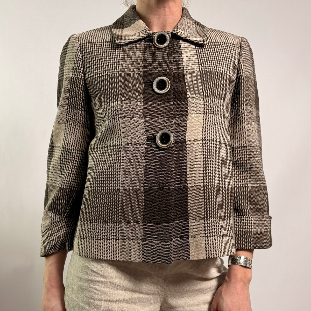 Tahari Brown & Beige Plaid Cropped Jacket - NWT, Size 4