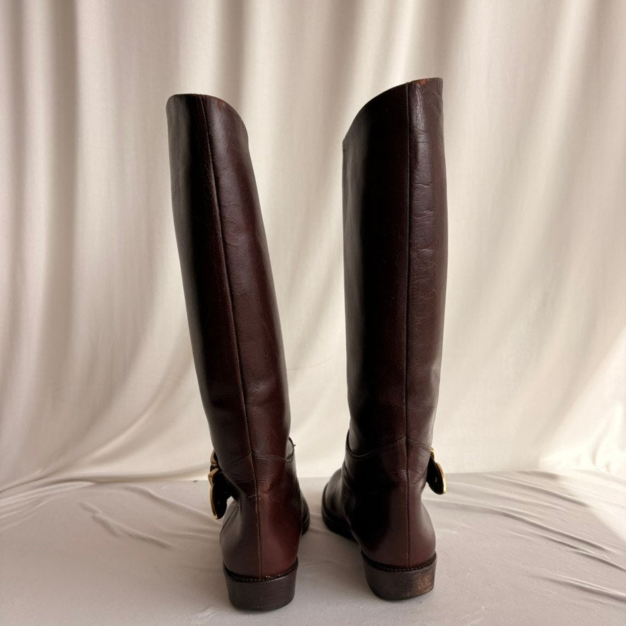 Vintage 1978 Idea Studios Brown Leather Riding Boots - Gold Buckle, 7.5