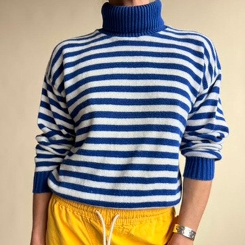 Nantucket Mills Striped Turtleneck - White & Blue, Made in USA, Size M