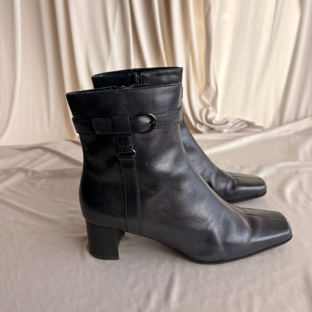 Vintage Navy Blue Leather Ankle Booties - Square Toe, Buckle Detail, 7.5