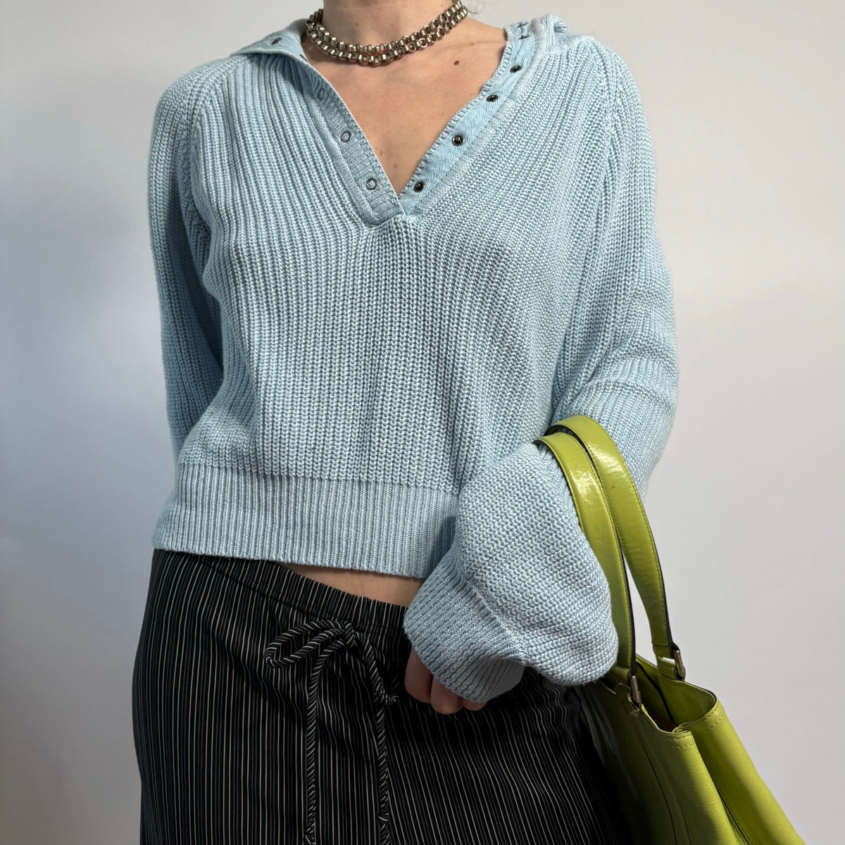 Baby Blue V-Neck Sweater with Button Collar - Medium
