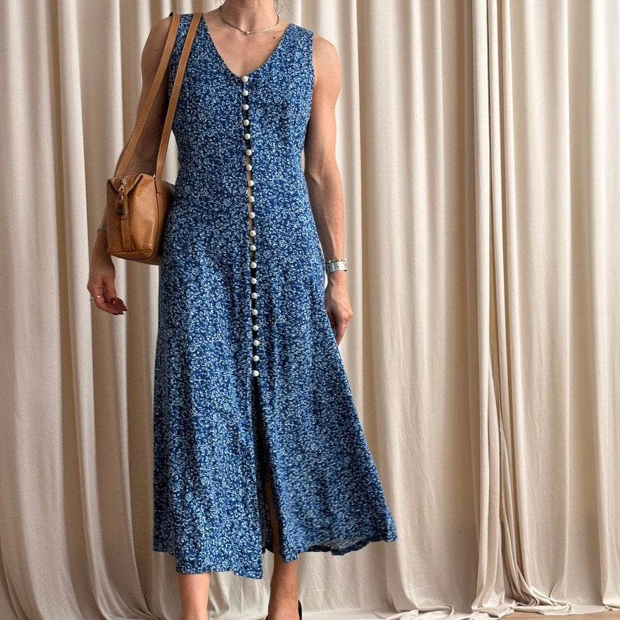 Fashion Bug Blue Daisy Floral Dress - 90s - Size 14P (Fits S)