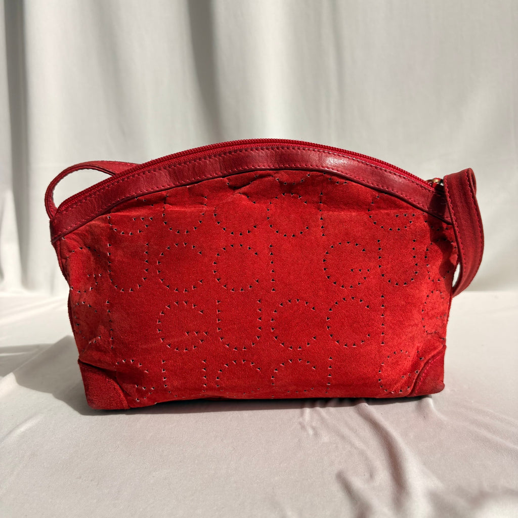 Vintage Gucci Red Suede Perforated Giant Logo Pouch Crossbody Bag