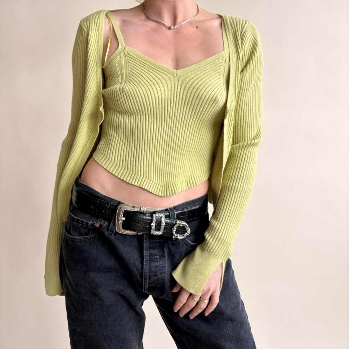 Pink Rose Green Cardigan Tank  Set - Size Medium