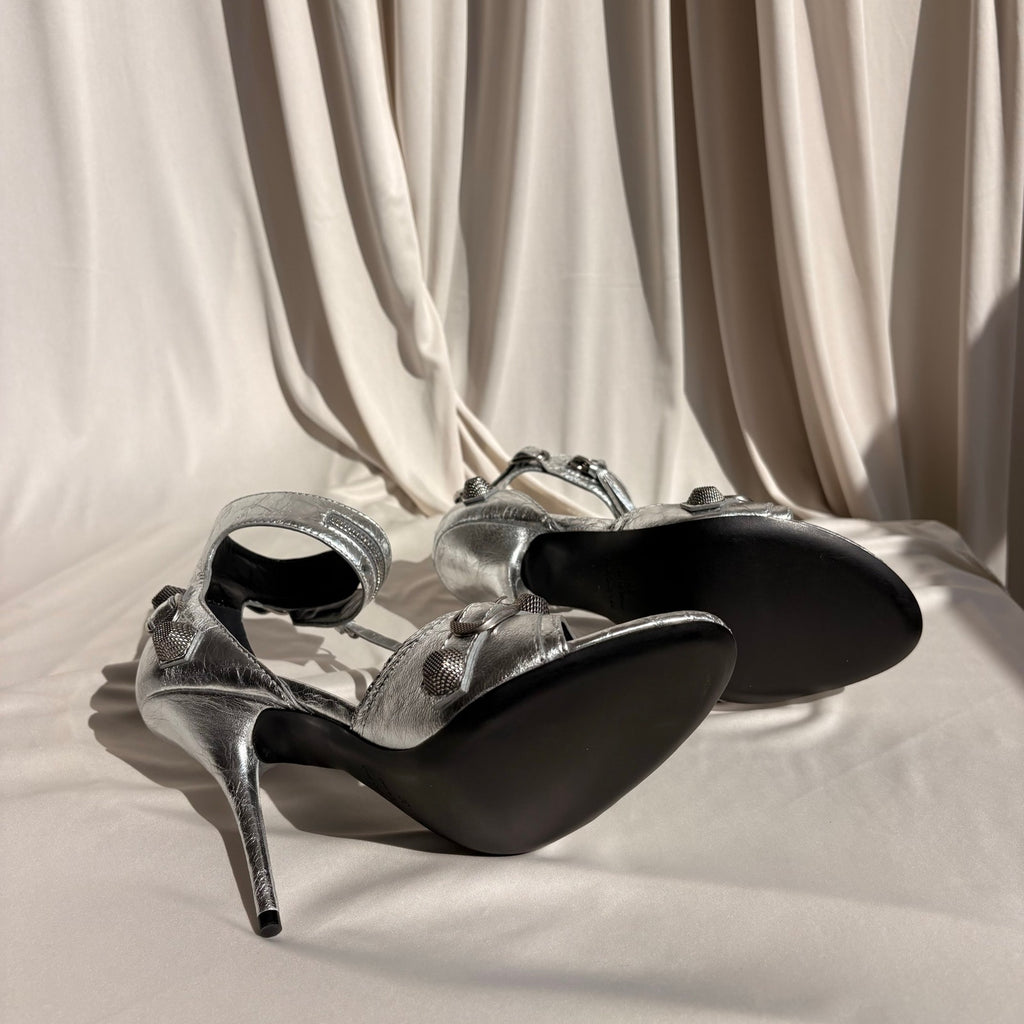 Balenciaga Silver Metallic Leather Cagole Studded Heels