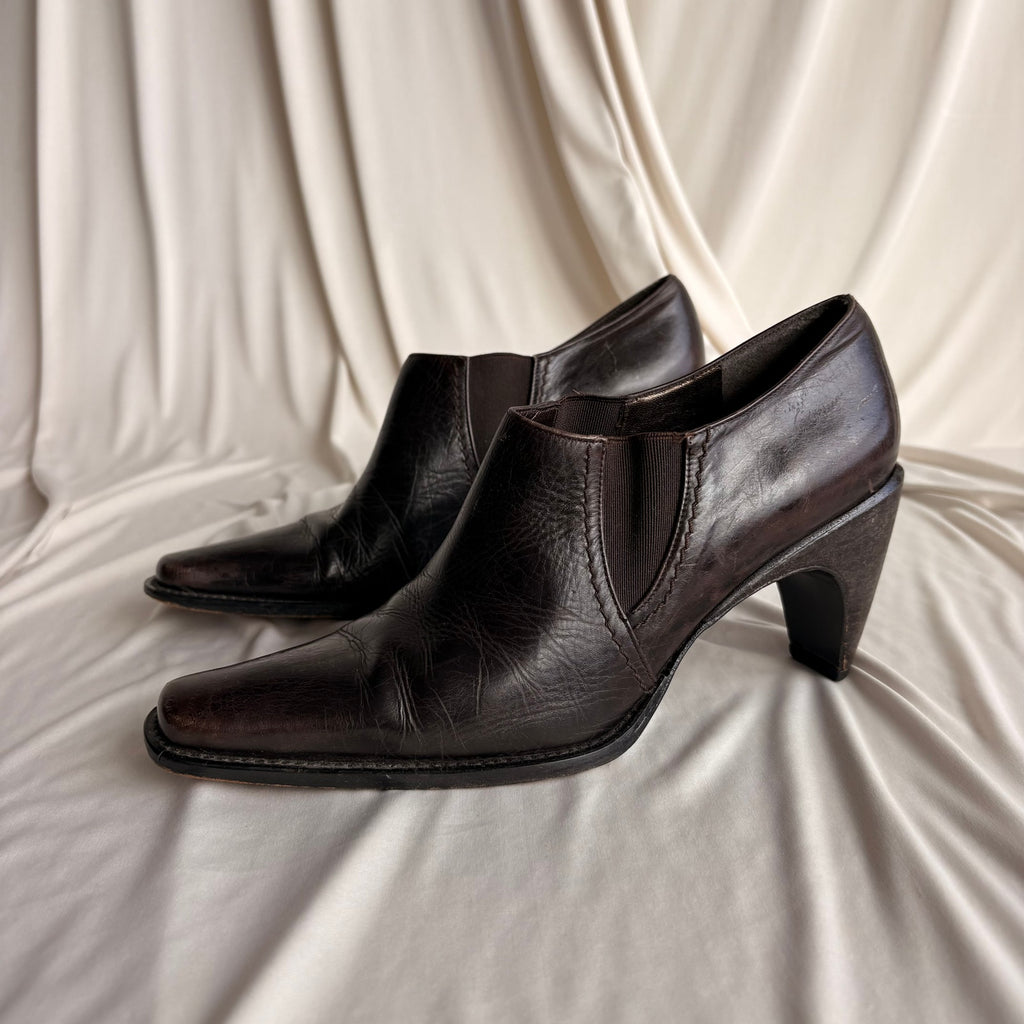 Vintage Stuart Weitzman Brown Leather Ankle Booties - Curved Heel, 7.5