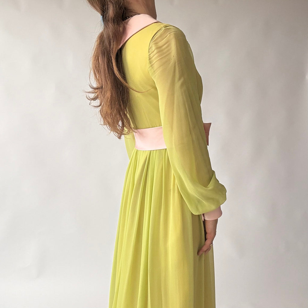 Vintage 60s/70s Chartreuse Peter Pan Collar Maxi Dress w/ Belt