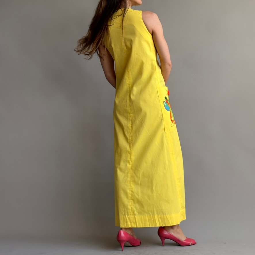 Jamaica Dowry Vintage 70s Yellow Maxi Dress - Hand Embroidered Donkey - Small